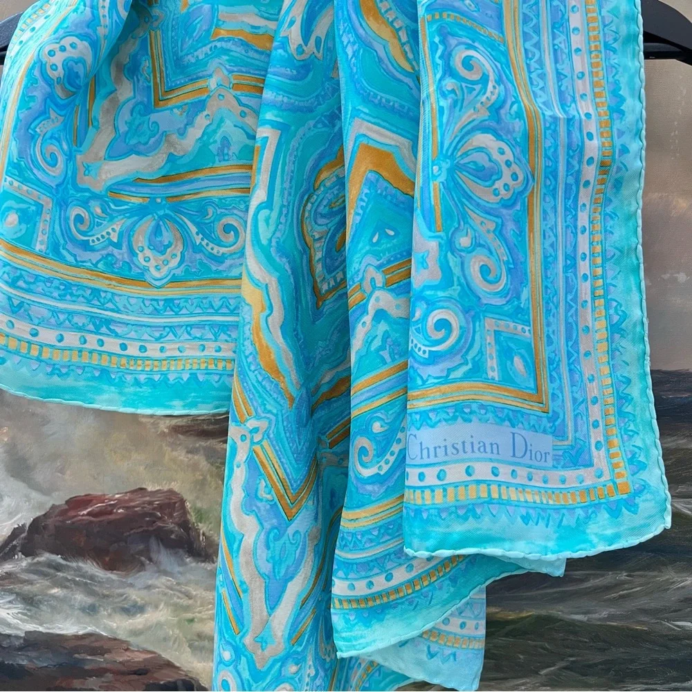 Auth DIOR Silk Scarf • Monet Aquamarine RARE Retrograde Watercolor Authentic